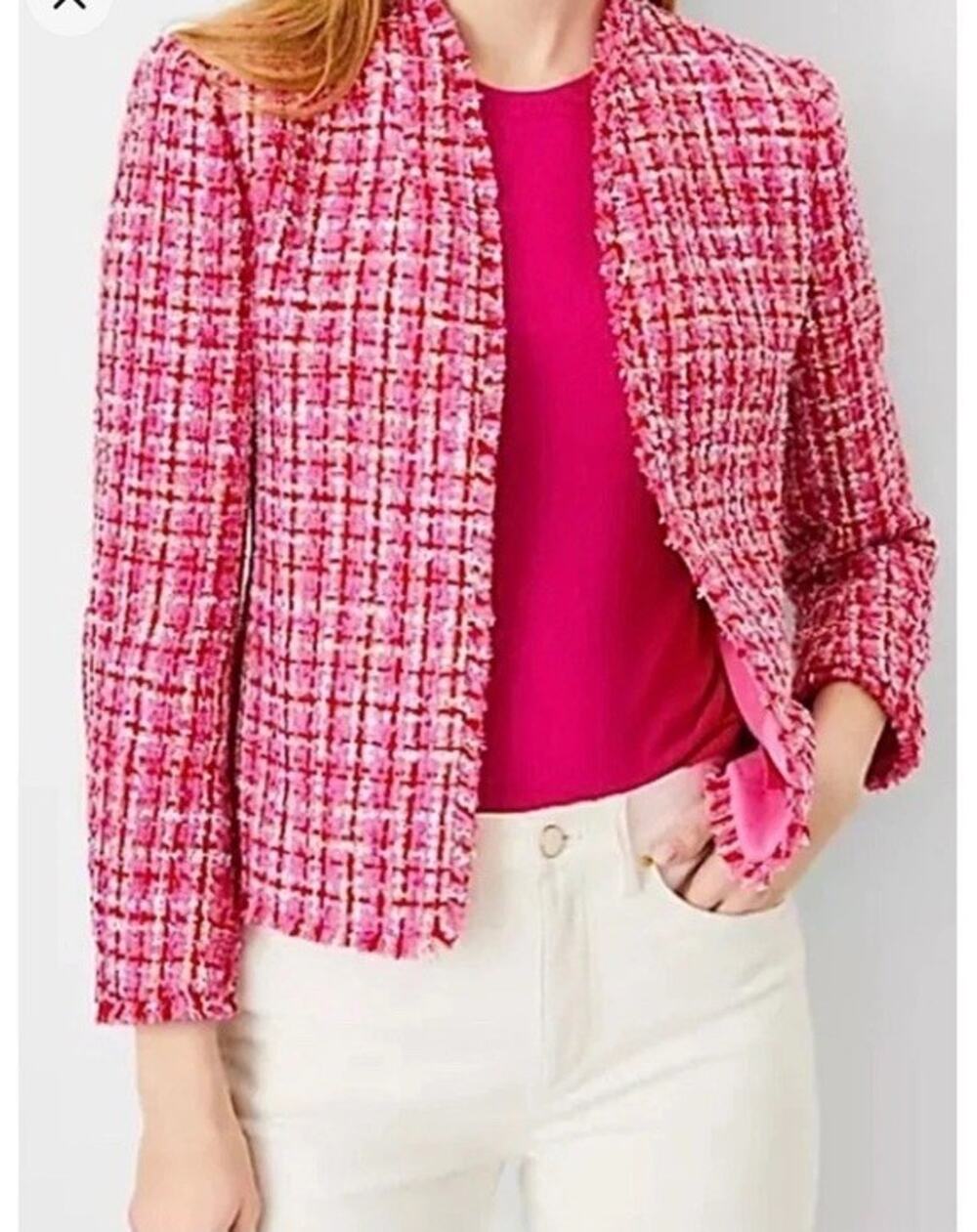 NWT Ann Taylor Pink Fringe Tweed Open Front Jacket 14 Cutaway Blazer